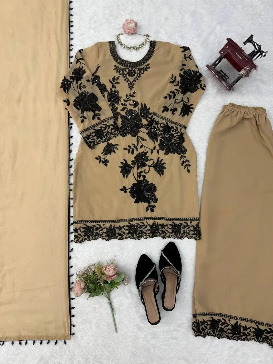 Georgette Kurta Palazzo Set with Cutwork