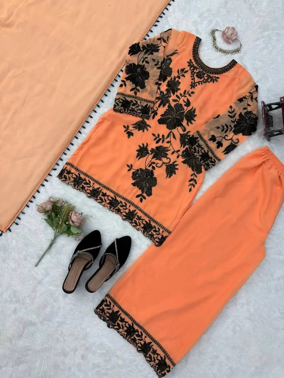 Georgette Kurta Palazzo Set with Cutwork