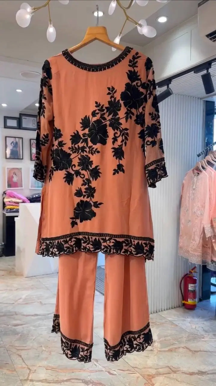 Georgette Kurta Palazzo Set with Cutwork