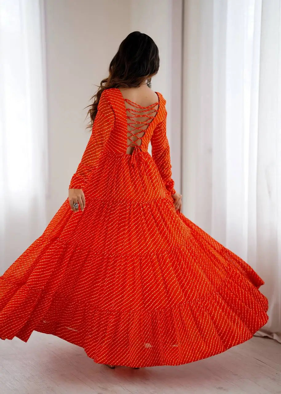 Georgette Laheriya Print Anarkali Gown with Gamthi Work