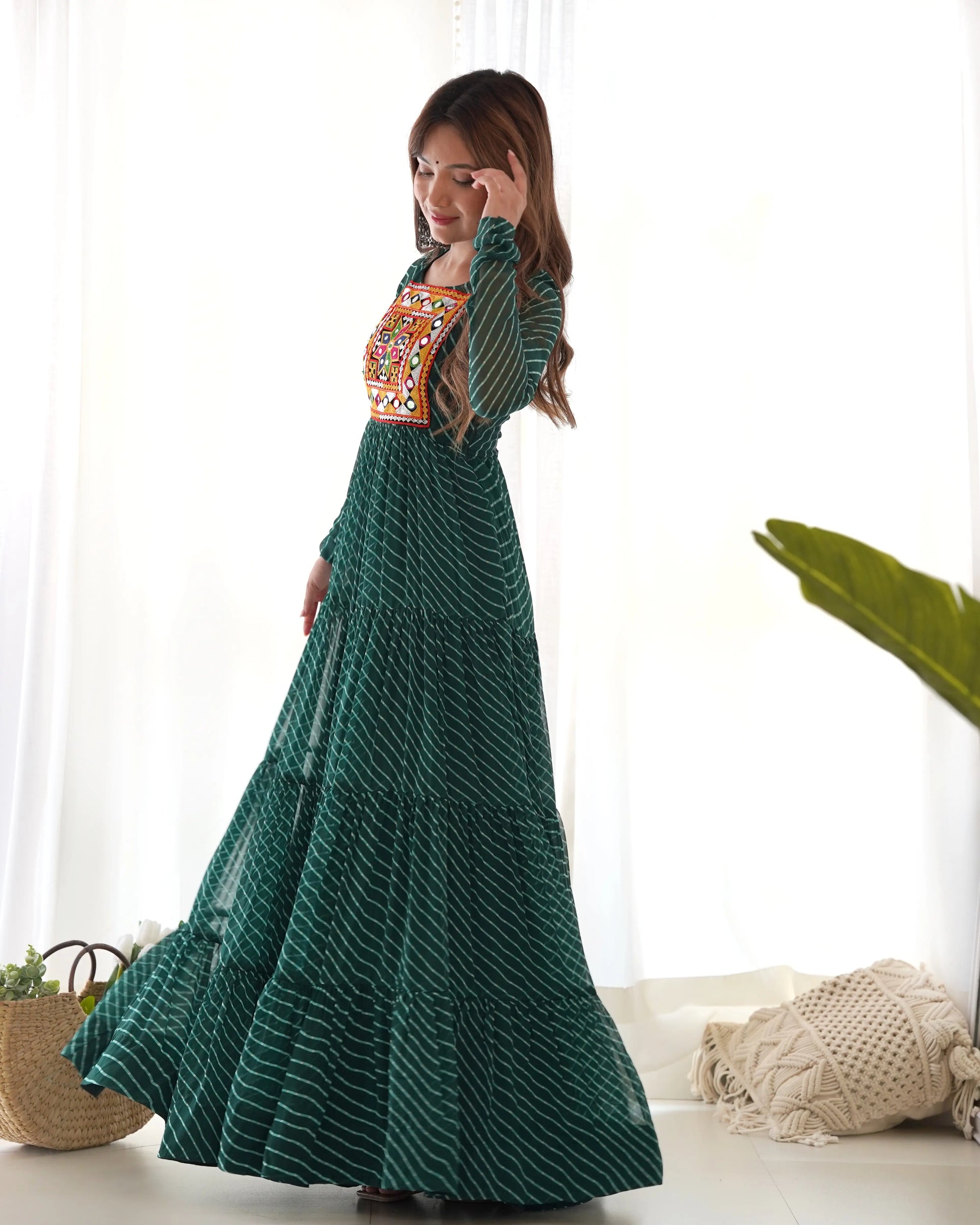 Georgette Laheriya Print Anarkali Gown with Gamthi Work