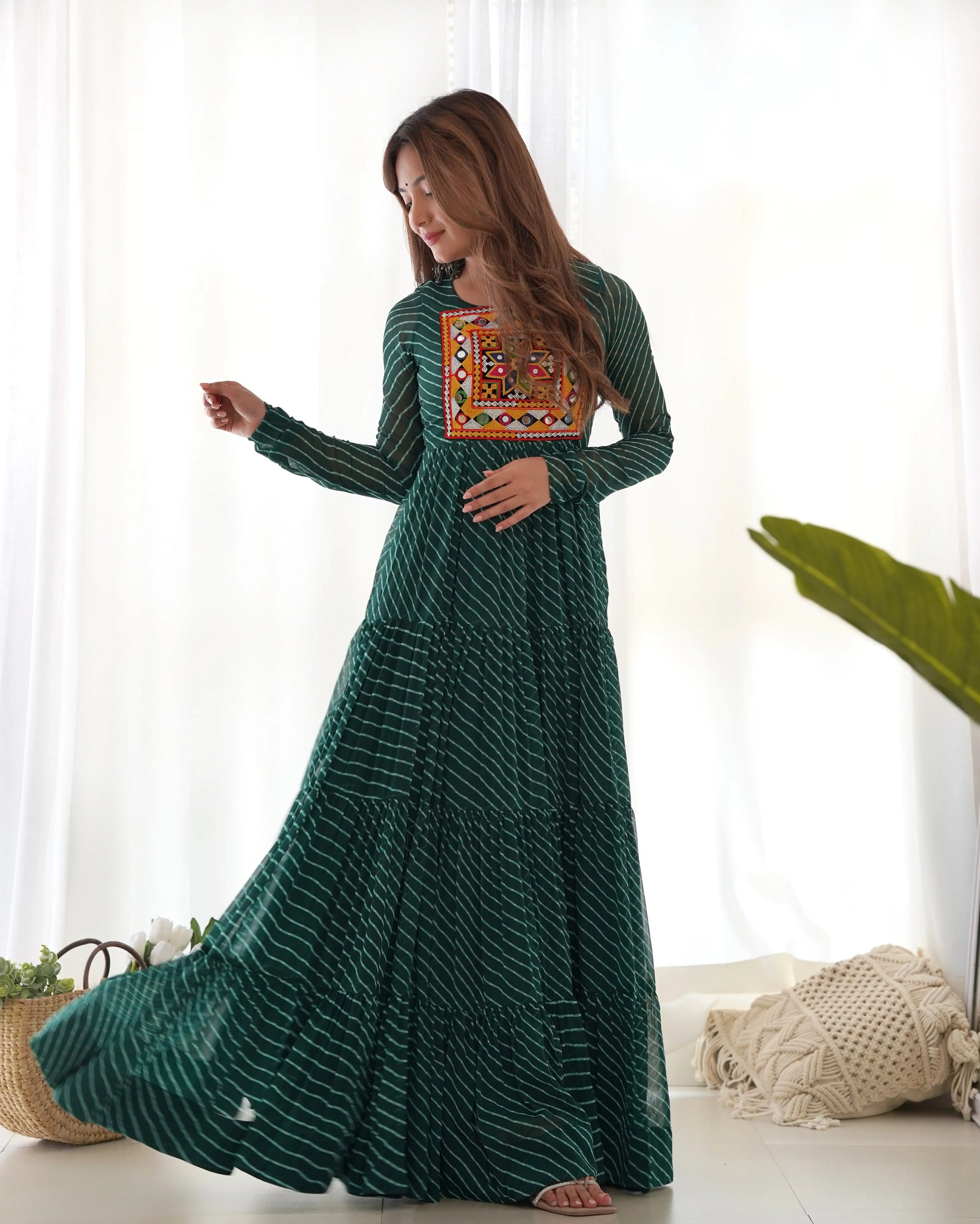 Georgette Laheriya Print Anarkali Gown with Gamthi Work