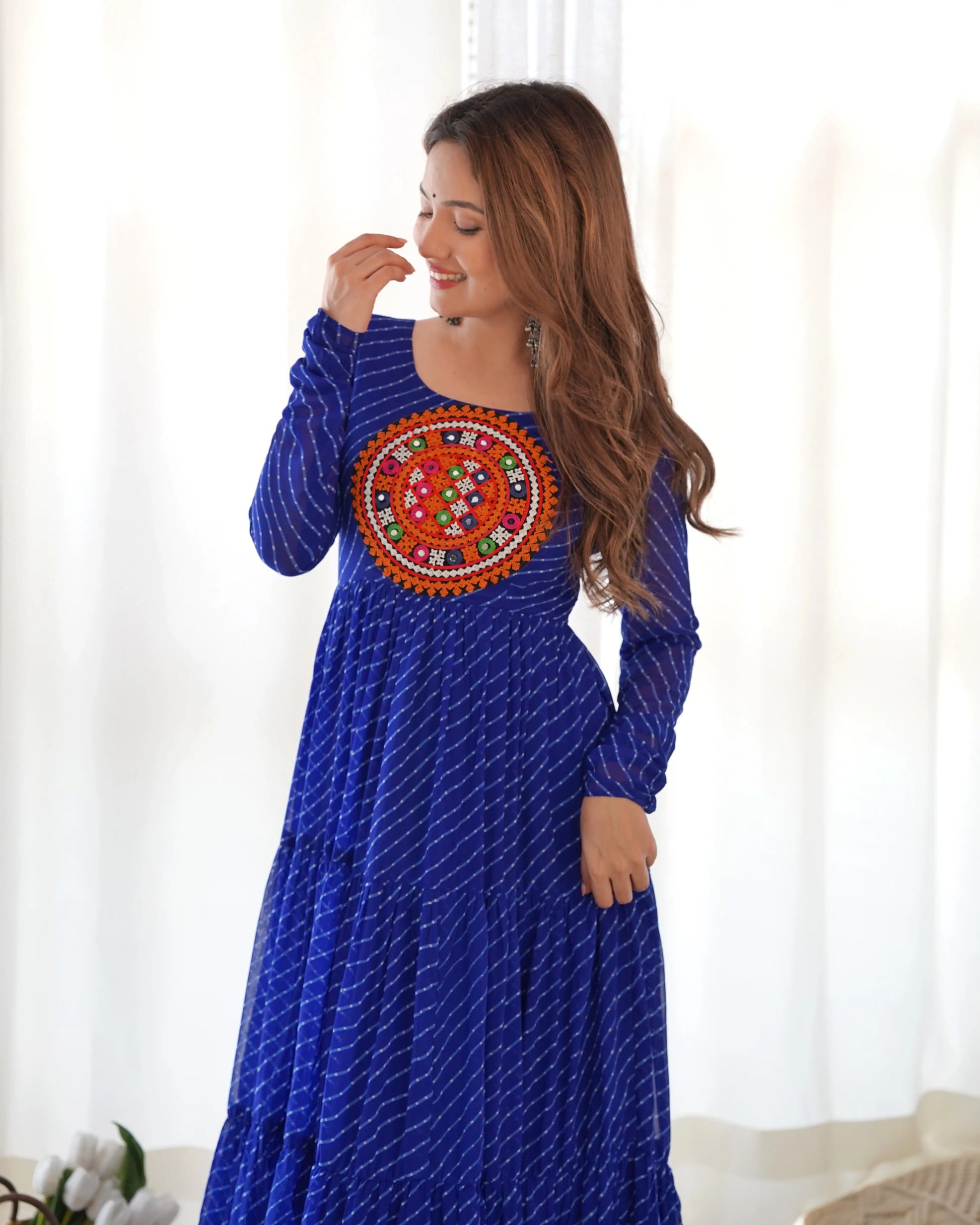 Georgette Laheriya Print Anarkali Gown with Gamthi Work
