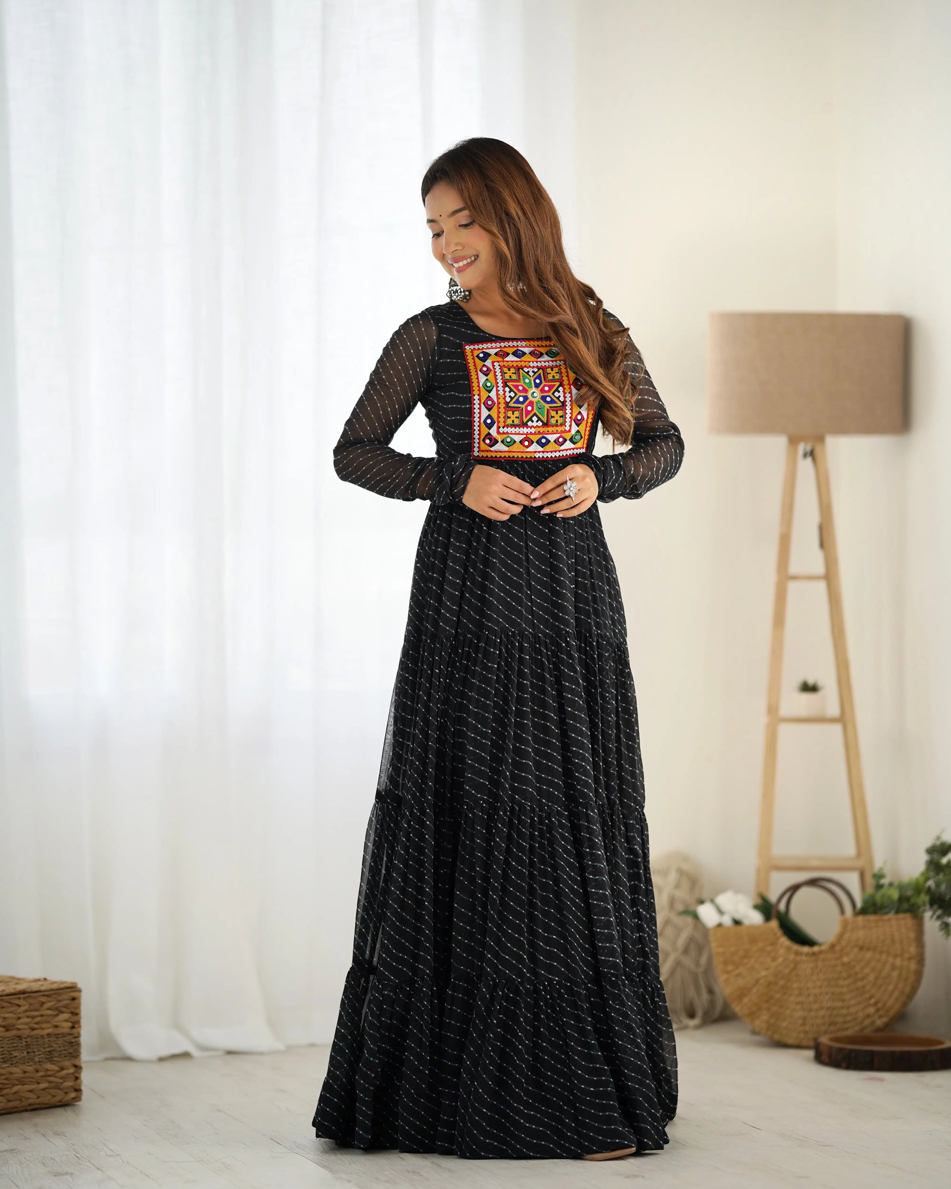 Georgette Laheriya Print Anarkali Gown with Gamthi Work