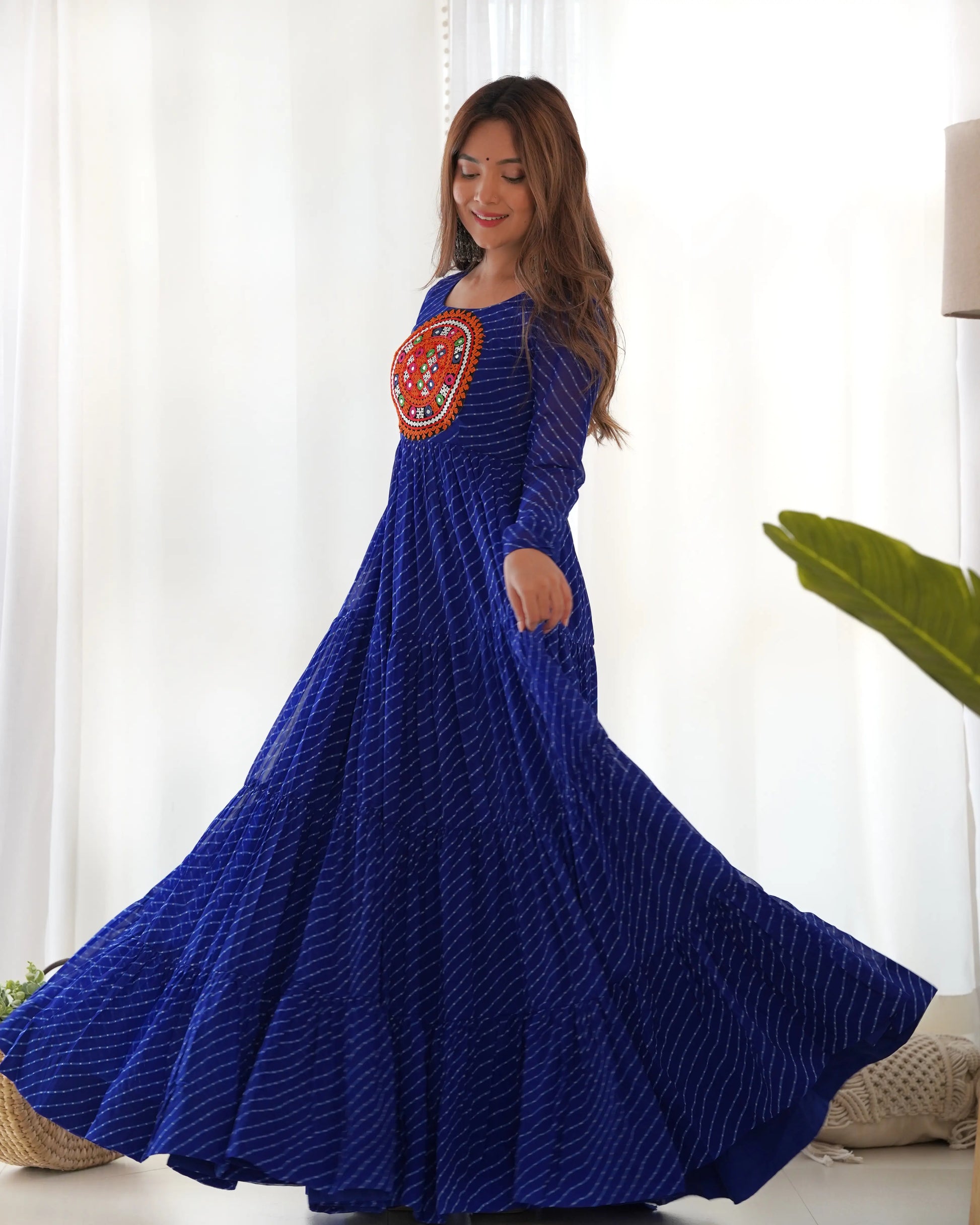 Georgette Laheriya Print Anarkali Gown with Gamthi Work