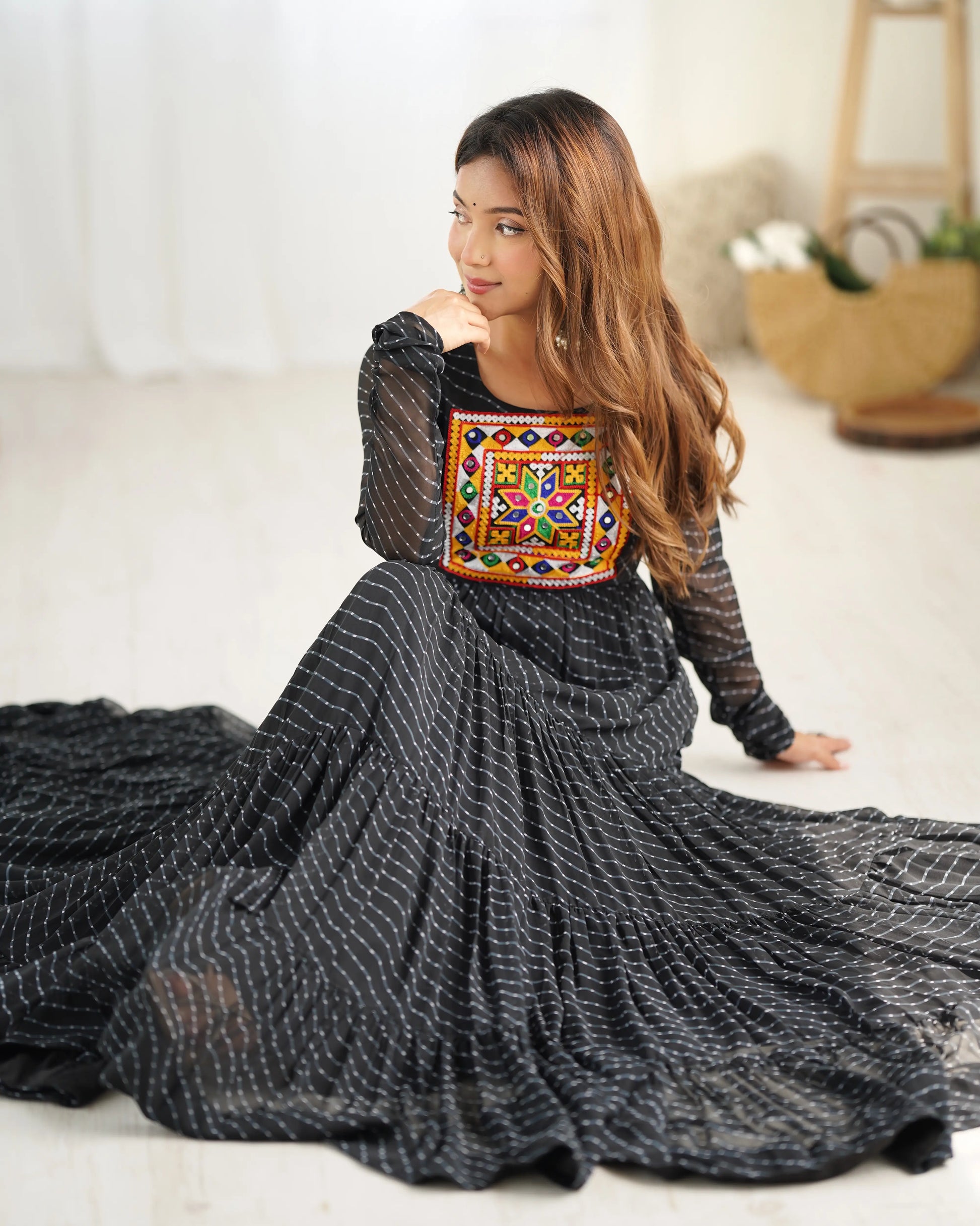 Georgette Laheriya Print Anarkali Gown with Gamthi Work