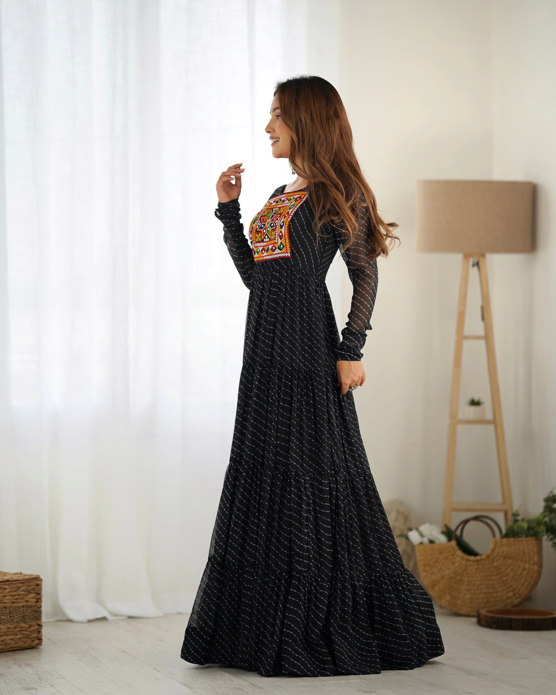 Georgette Laheriya Print Anarkali Gown with Gamthi Work