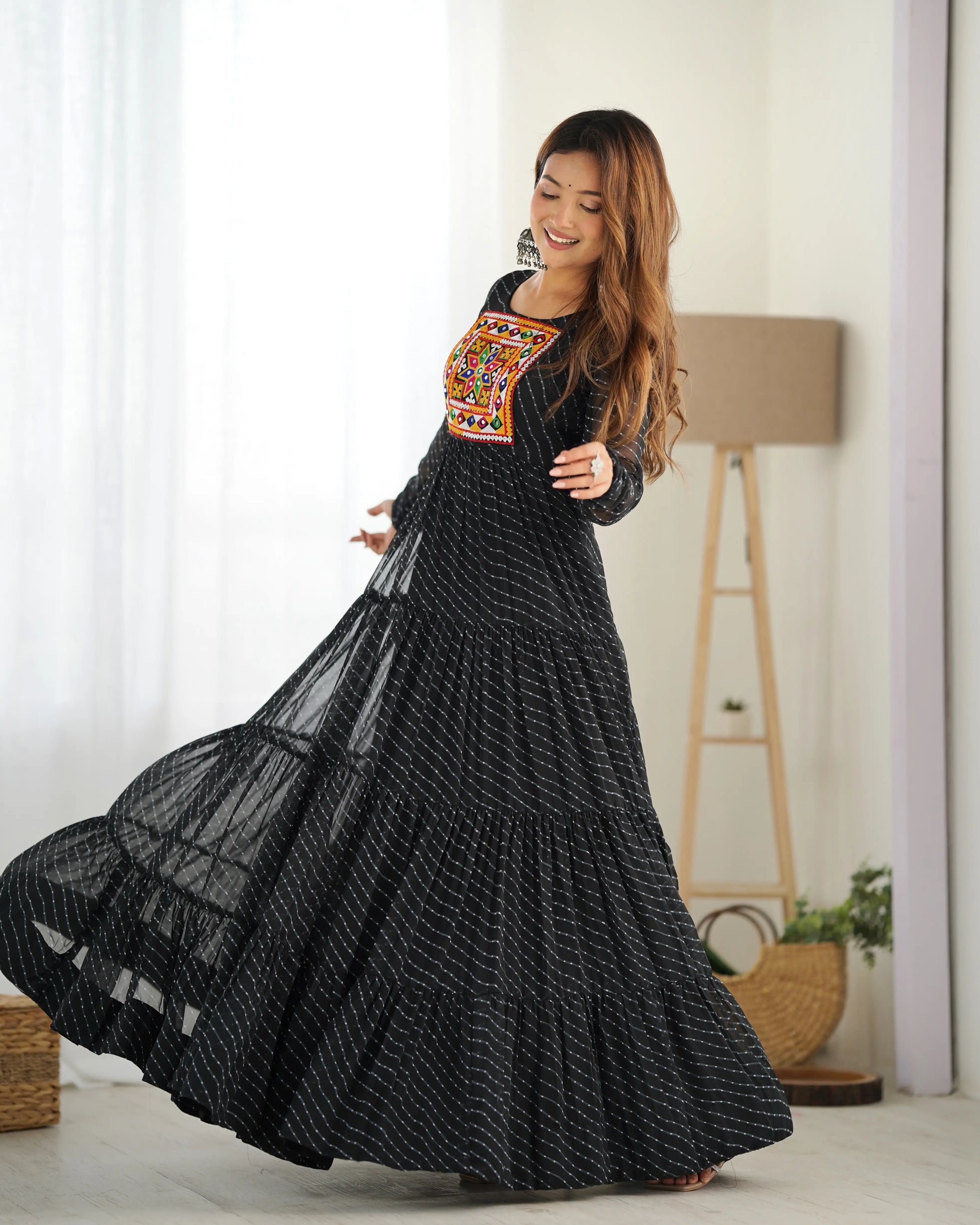 Georgette Laheriya Print Anarkali Gown with Gamthi Work