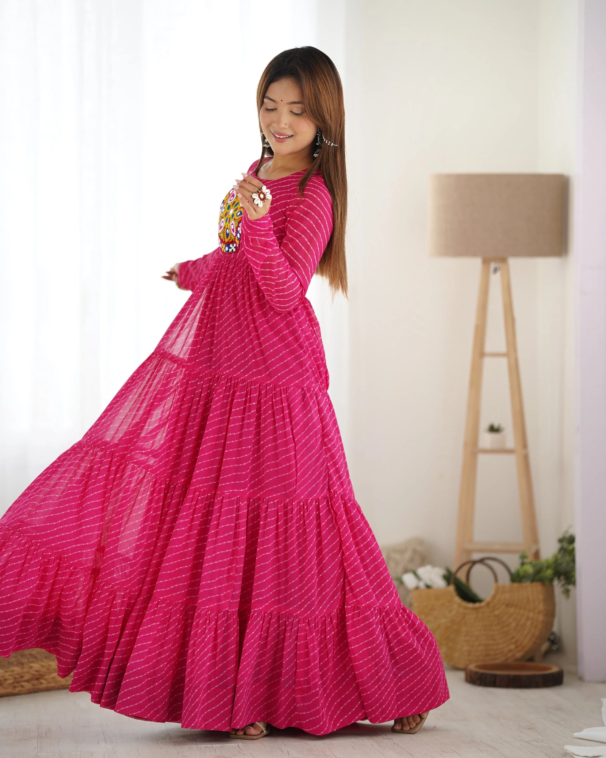 Georgette Laheriya Print Anarkali Gown with Gamthi Work