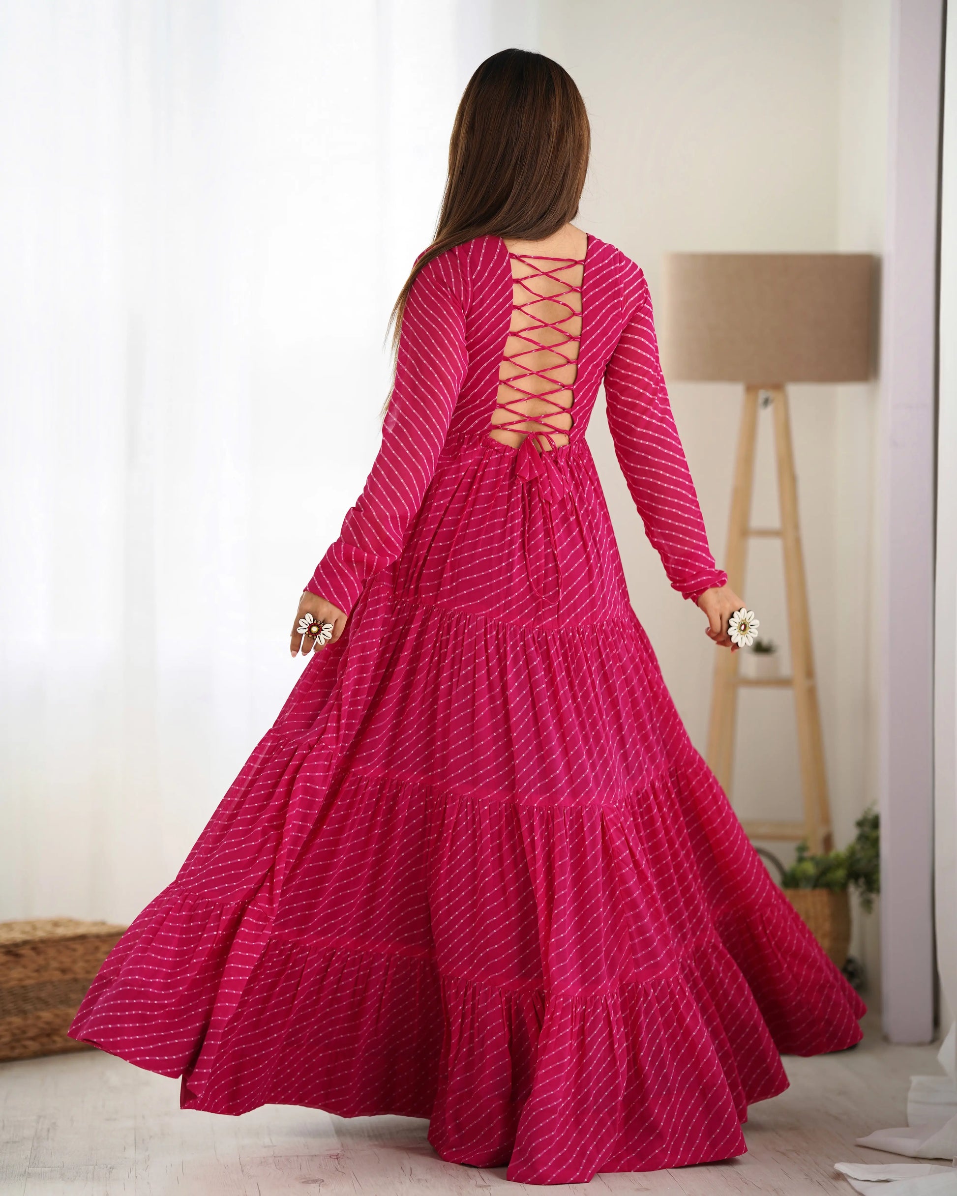 Georgette Laheriya Print Anarkali Gown with Gamthi Work