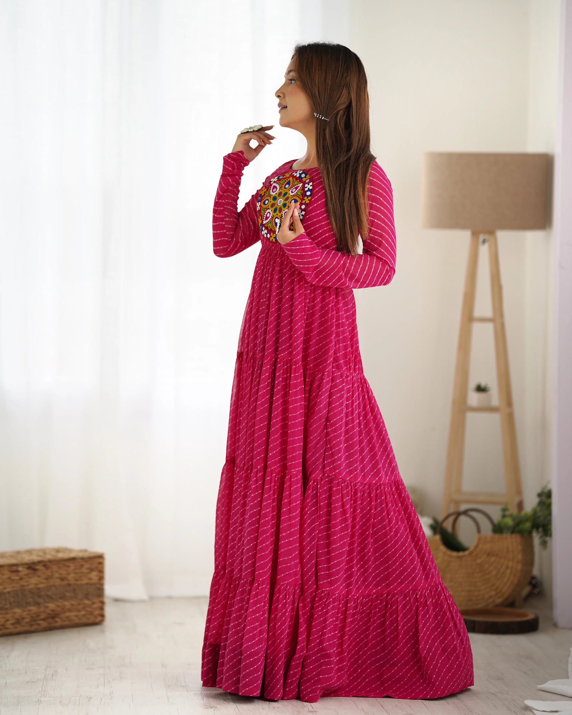Georgette Laheriya Print Anarkali Gown with Gamthi Work