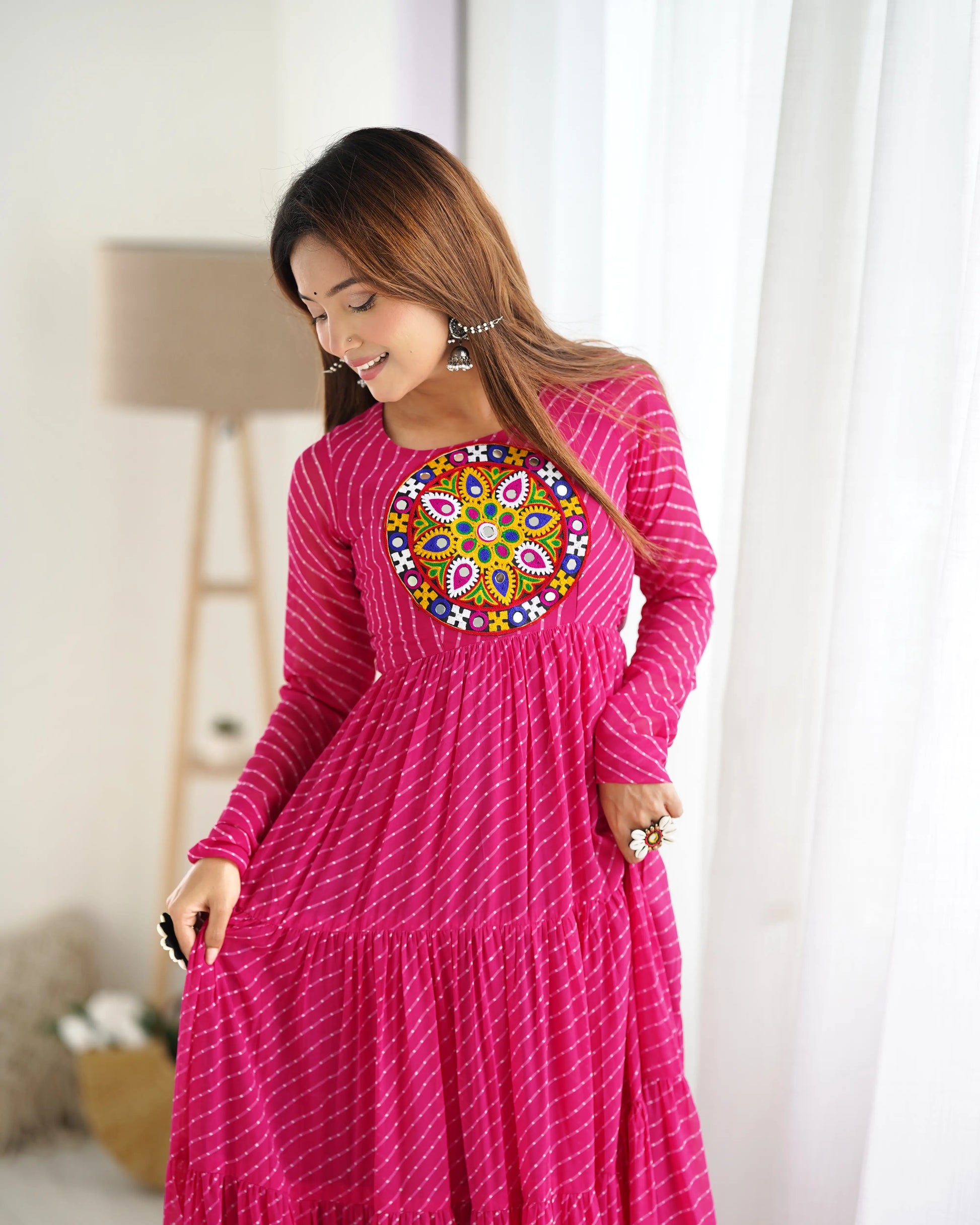 Georgette Laheriya Print Anarkali Gown with Gamthi Work
