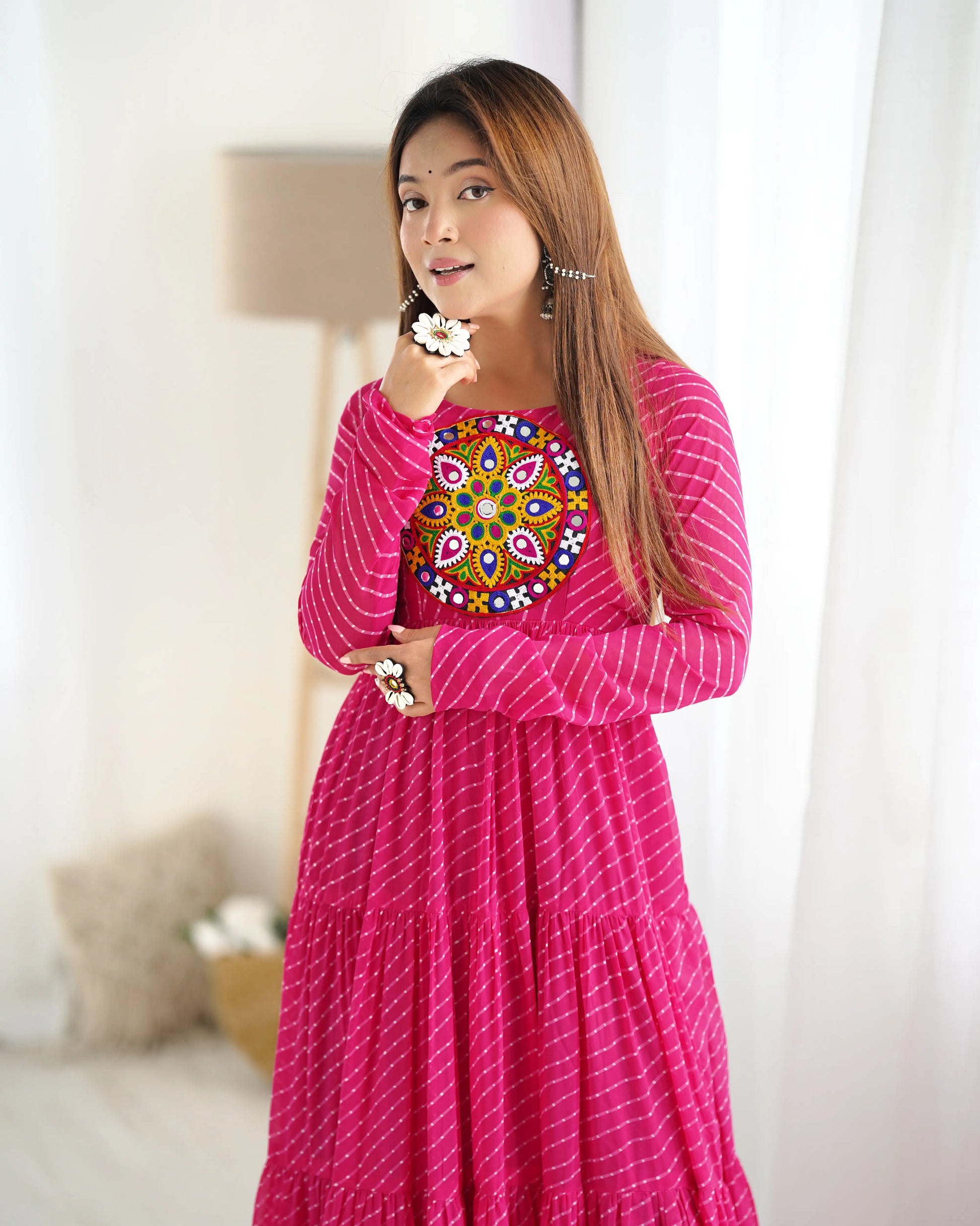 Georgette Laheriya Print Anarkali Gown with Gamthi Work