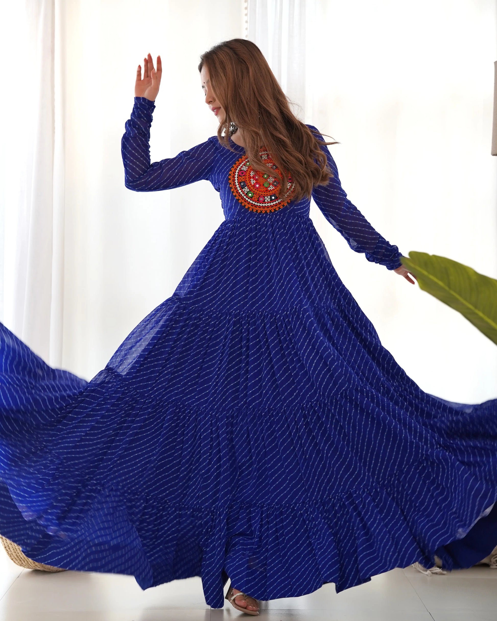 Georgette Laheriya Print Anarkali Gown with Gamthi Work