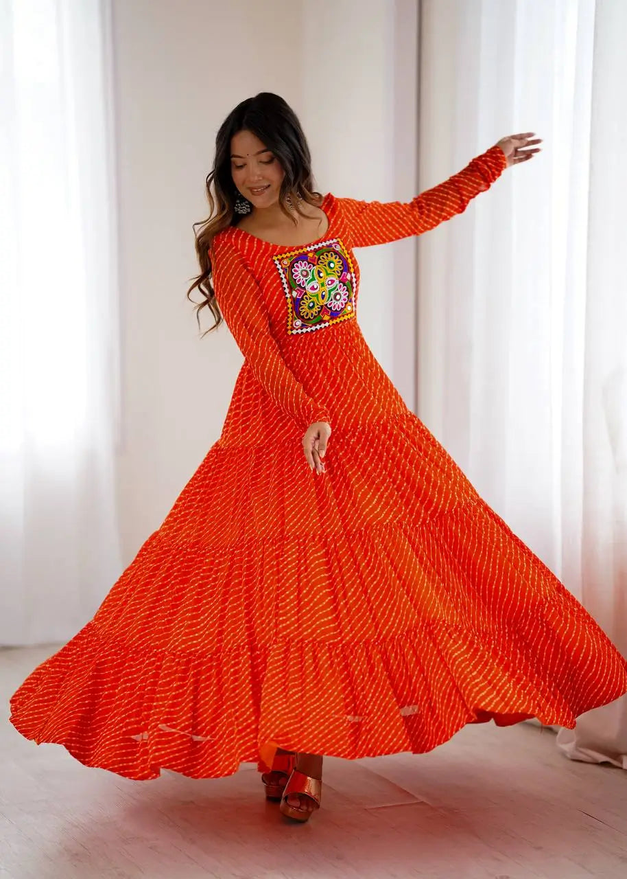 Georgette Laheriya Print Anarkali Gown with Gamthi Work