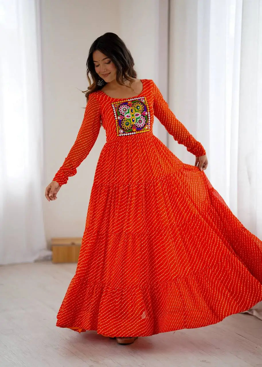 Georgette Laheriya Print Anarkali Gown with Gamthi Work