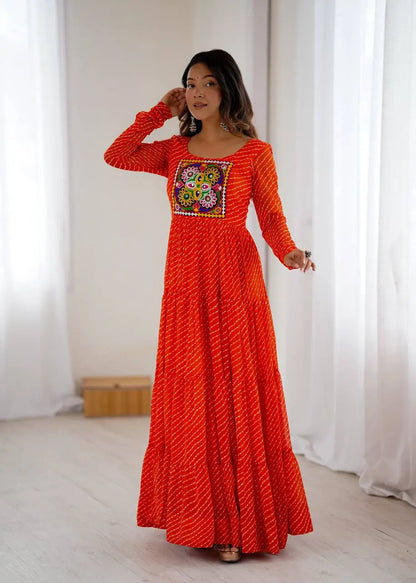 Georgette Laheriya Print Anarkali Gown with Gamthi Work