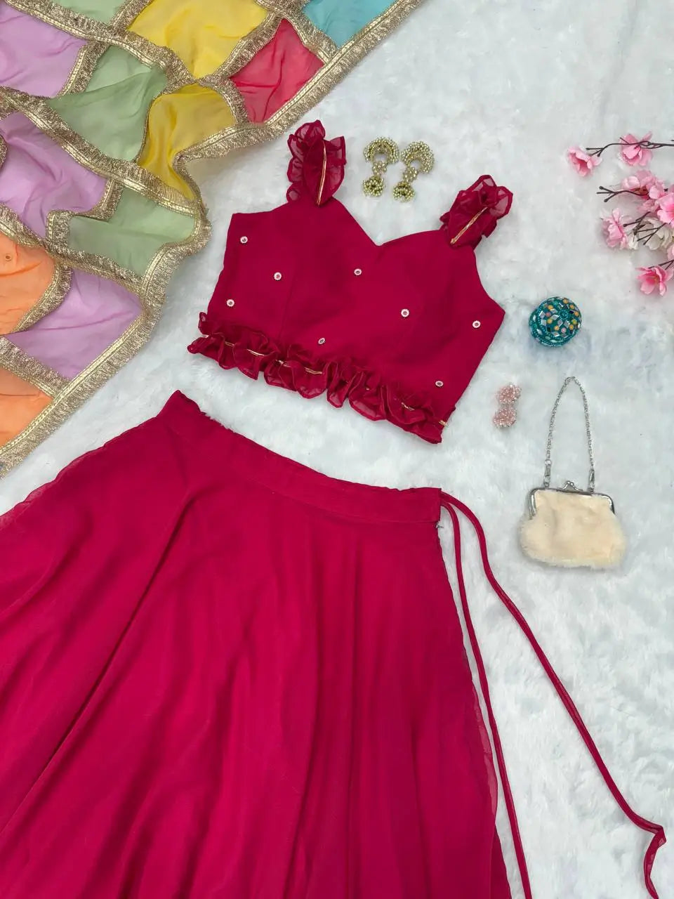 Georgette Lehenga Set with Handcrafted Blouse and Organza Dupatta