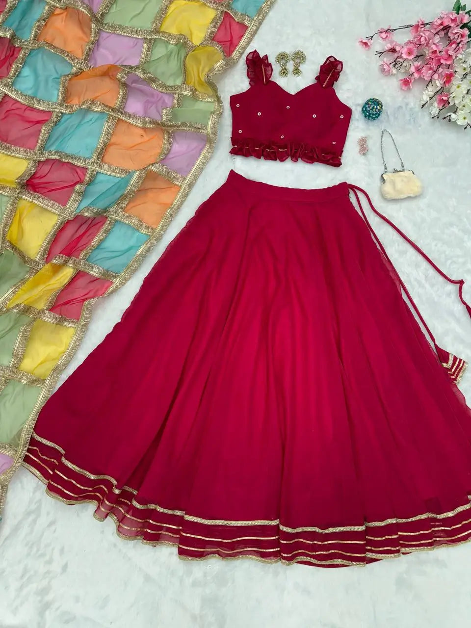 Georgette Lehenga Set with Handcrafted Blouse and Organza Dupatta