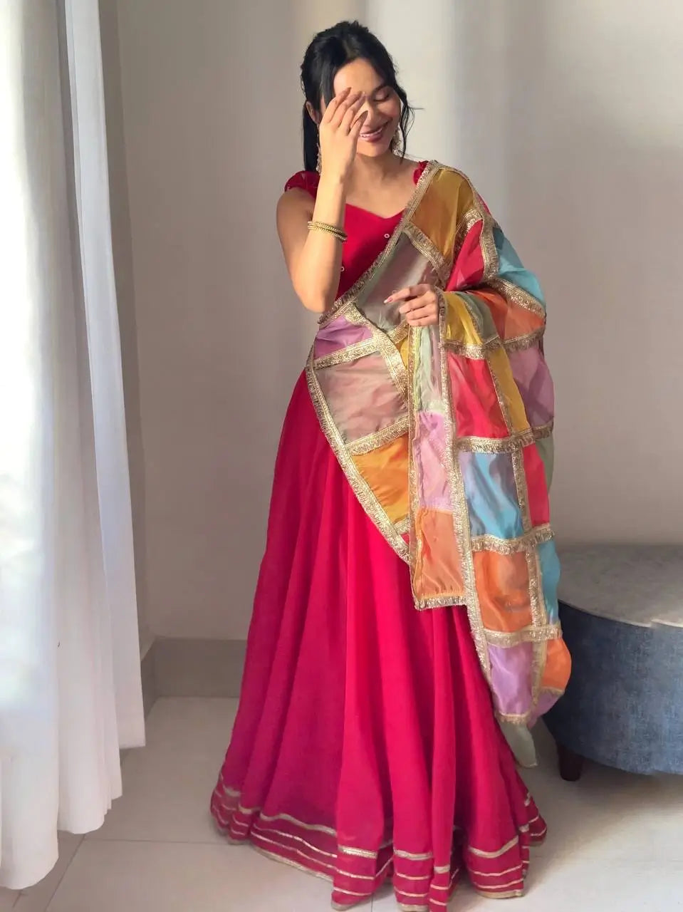 Georgette Lehenga Set with Handcrafted Blouse and Organza Dupatta