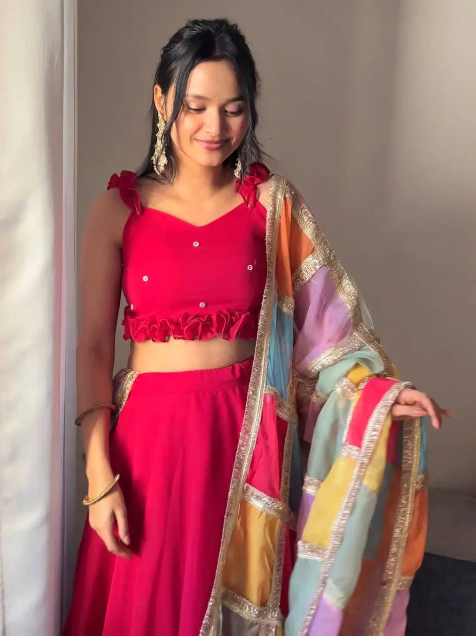 Georgette Lehenga Set with Handcrafted Blouse and Organza Dupatta