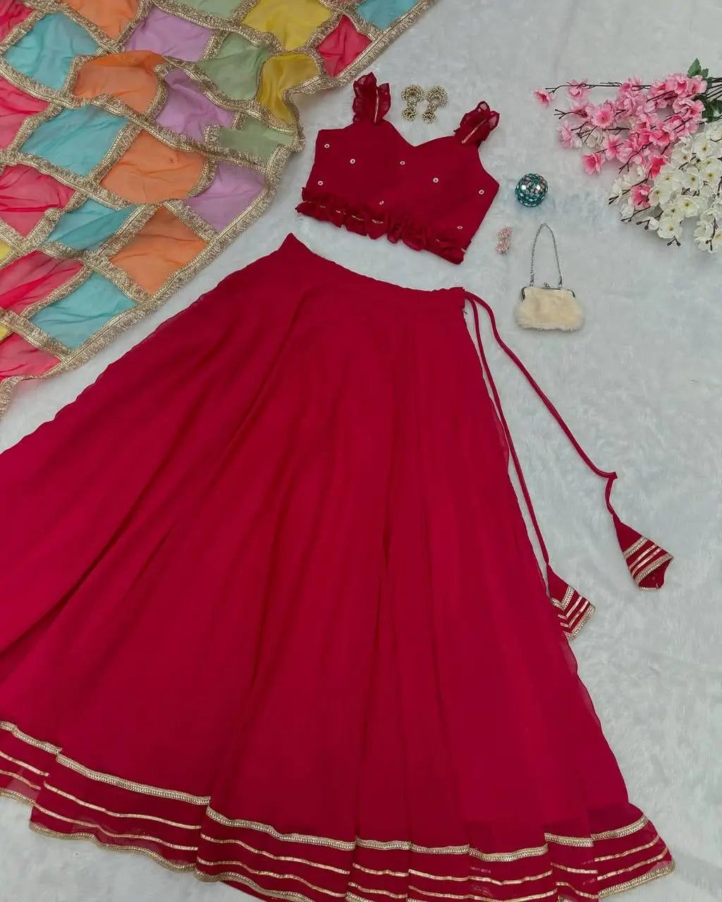 Georgette Lehenga Set with Handcrafted Blouse and Organza Dupatta