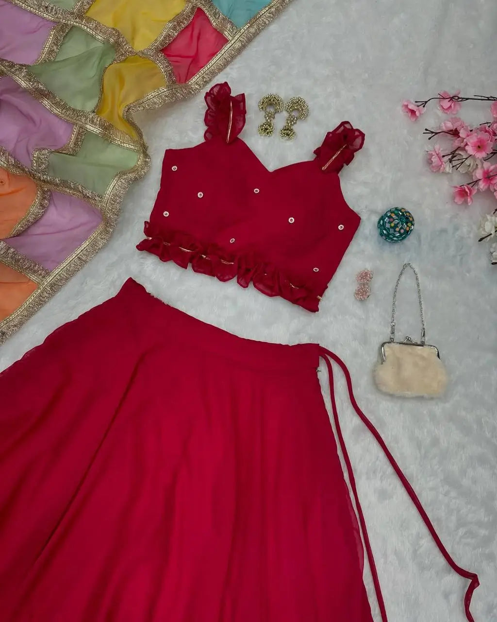 Georgette Lehenga Set with Handcrafted Blouse and Organza Dupatta
