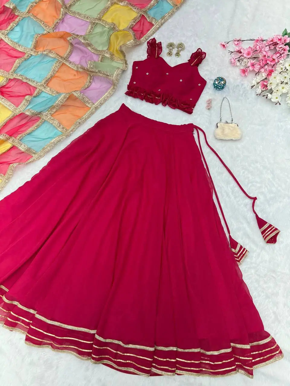 Georgette Lehenga Set with Handcrafted Blouse and Organza Dupatta
