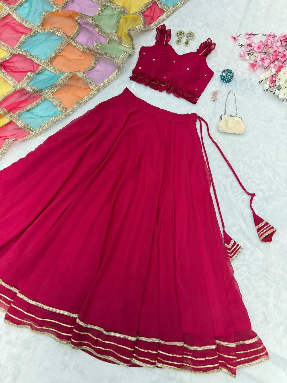 Georgette Lehenga Set with Handcrafted Blouse and Organza Dupatta