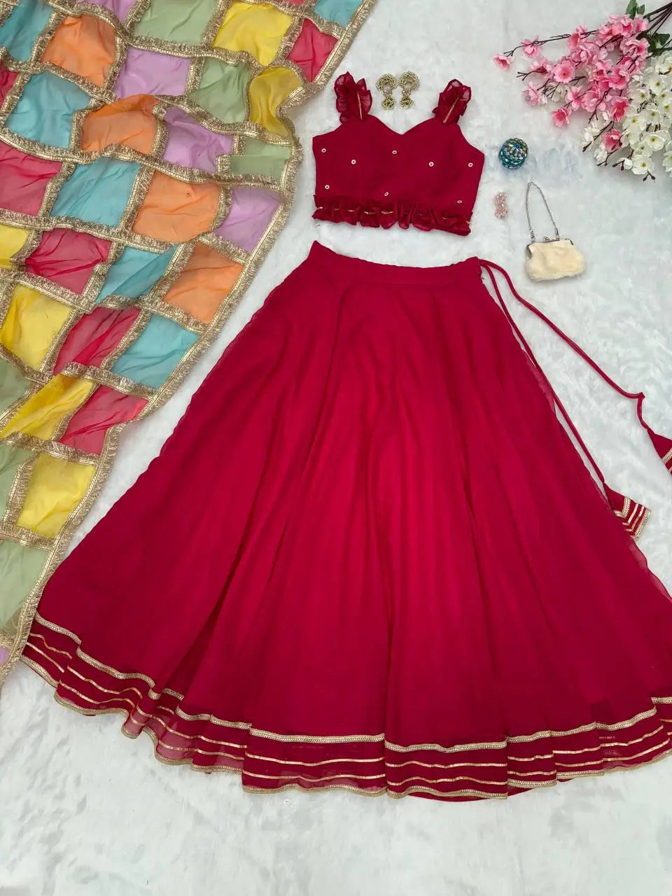 Georgette Lehenga Set with Handcrafted Blouse and Organza Dupatta