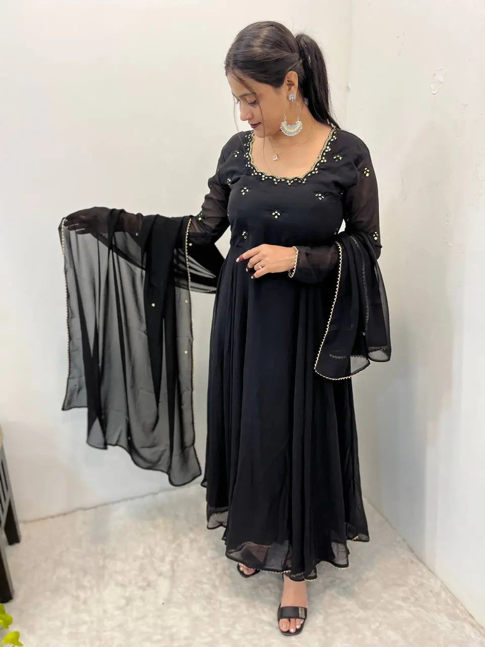 Georgette Mirror Work Gown Set with Dupatta
