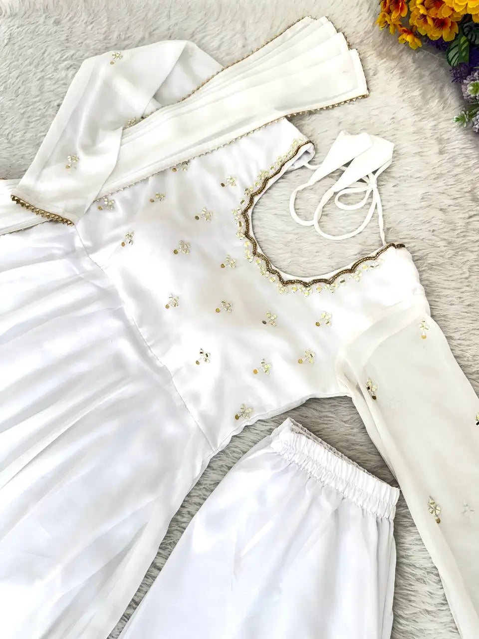 Georgette Mirror Work Gown Set with Dupatta