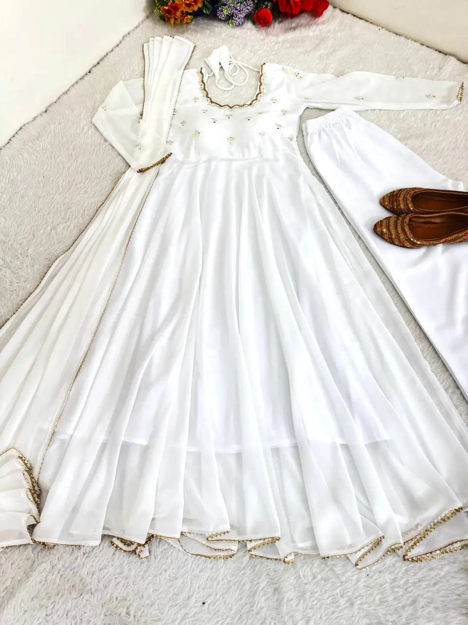 Georgette Mirror Work Gown Set with Dupatta