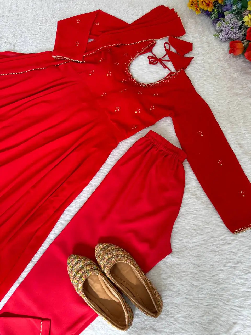 Georgette Mirror Work Gown Set with Dupatta