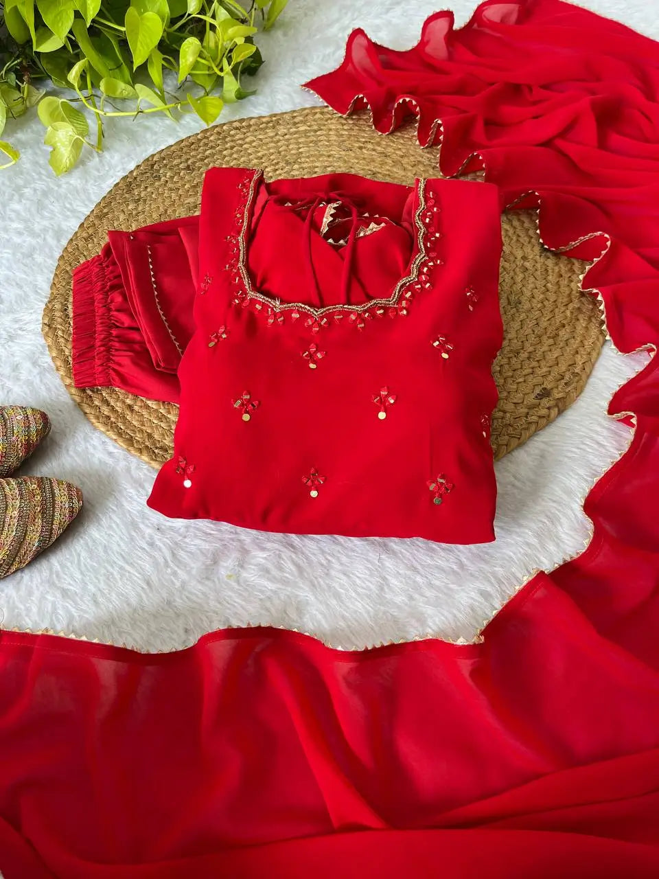 Georgette Mirror Work Gown Set with Dupatta