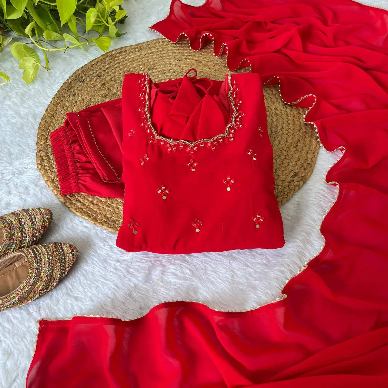 Georgette Mirror Work Gown Set with Dupatta