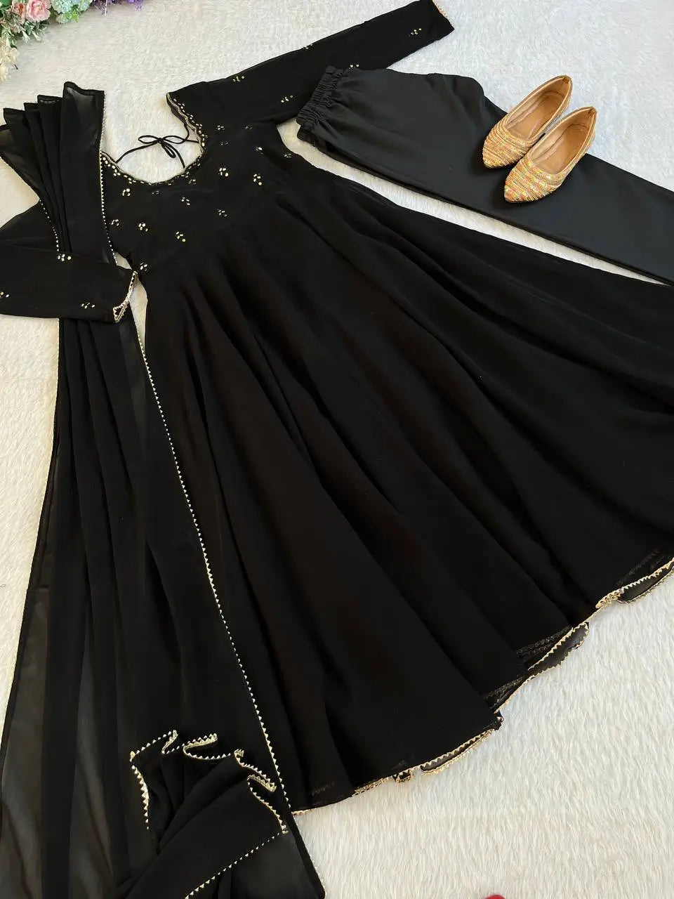 Georgette Mirror Work Gown Set with Dupatta