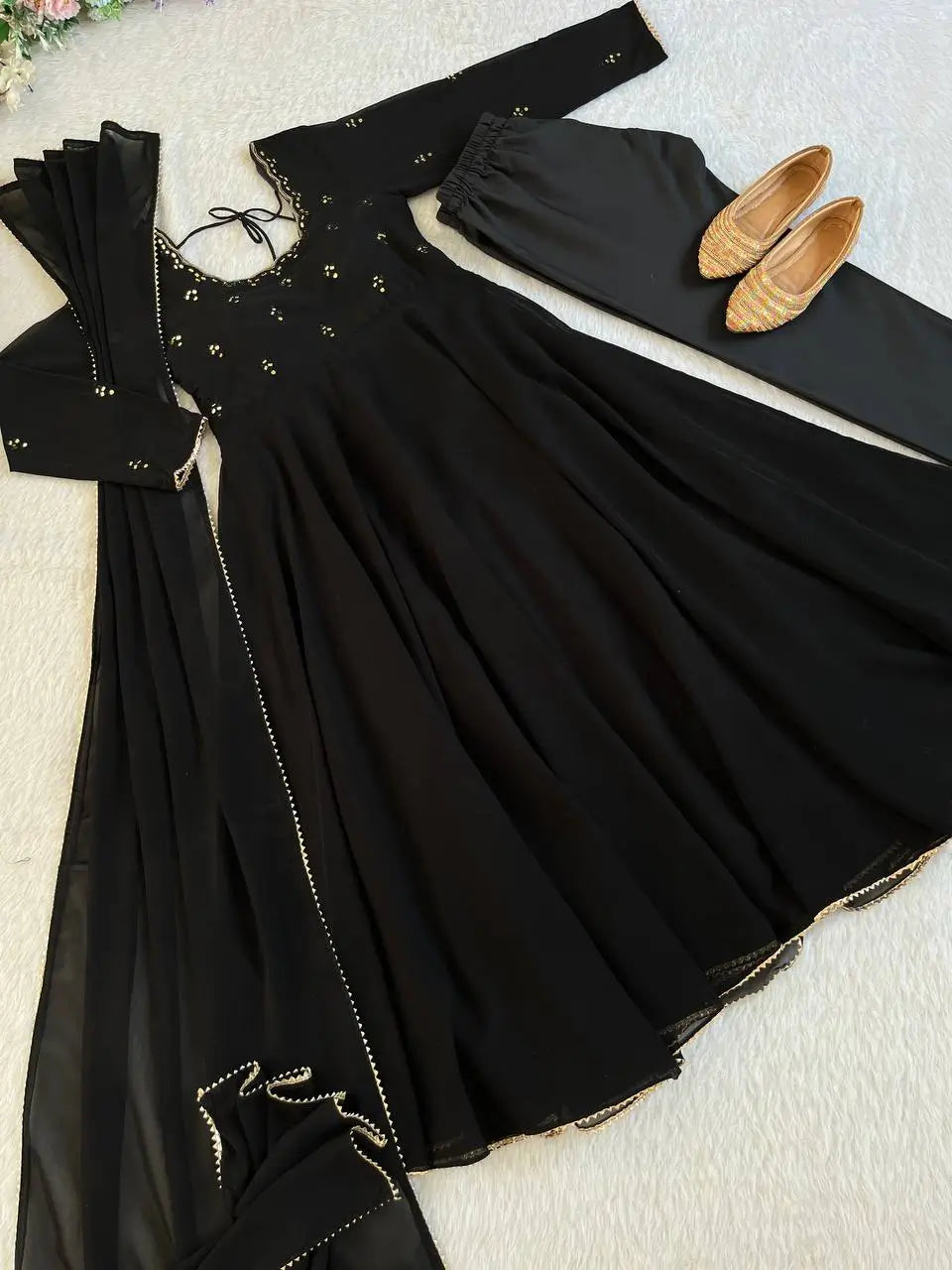Georgette Mirror Work Gown Set with Dupatta