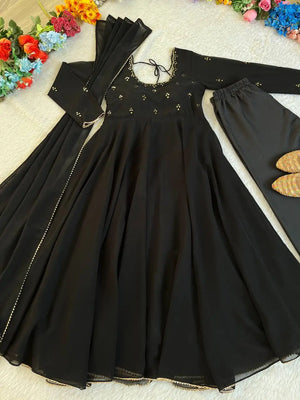 Georgette Mirror Work Gown Set with Dupatta