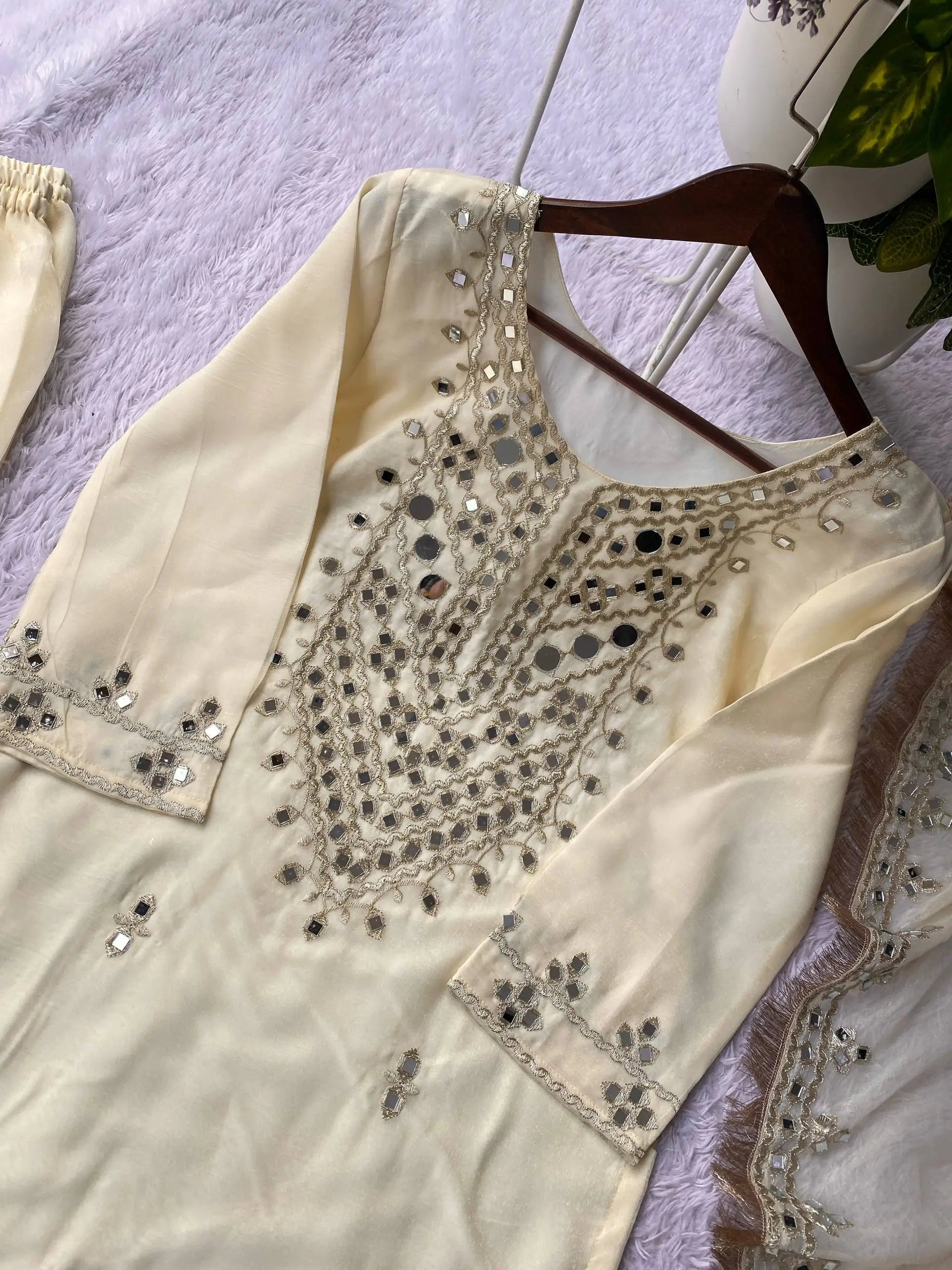 Georgette Real Mirror Embroidered Palazzo Suit Set for Festive and Party Wear