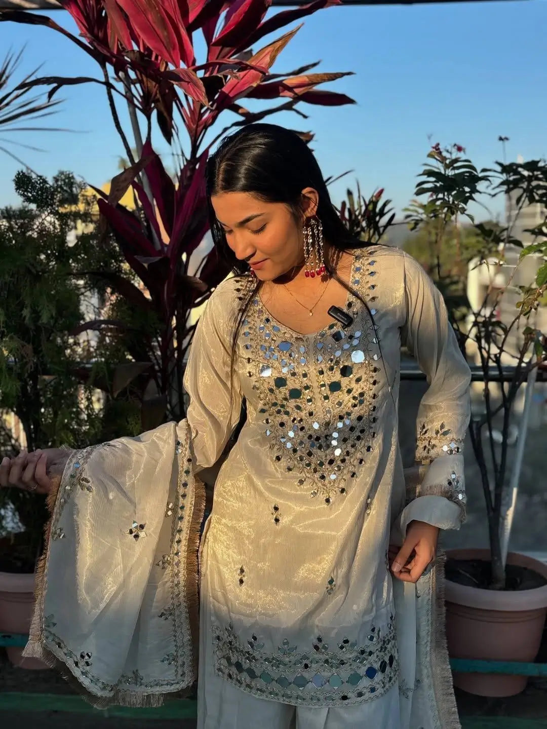 Georgette Real Mirror Embroidered Palazzo Suit Set for Festive and Party Wear
