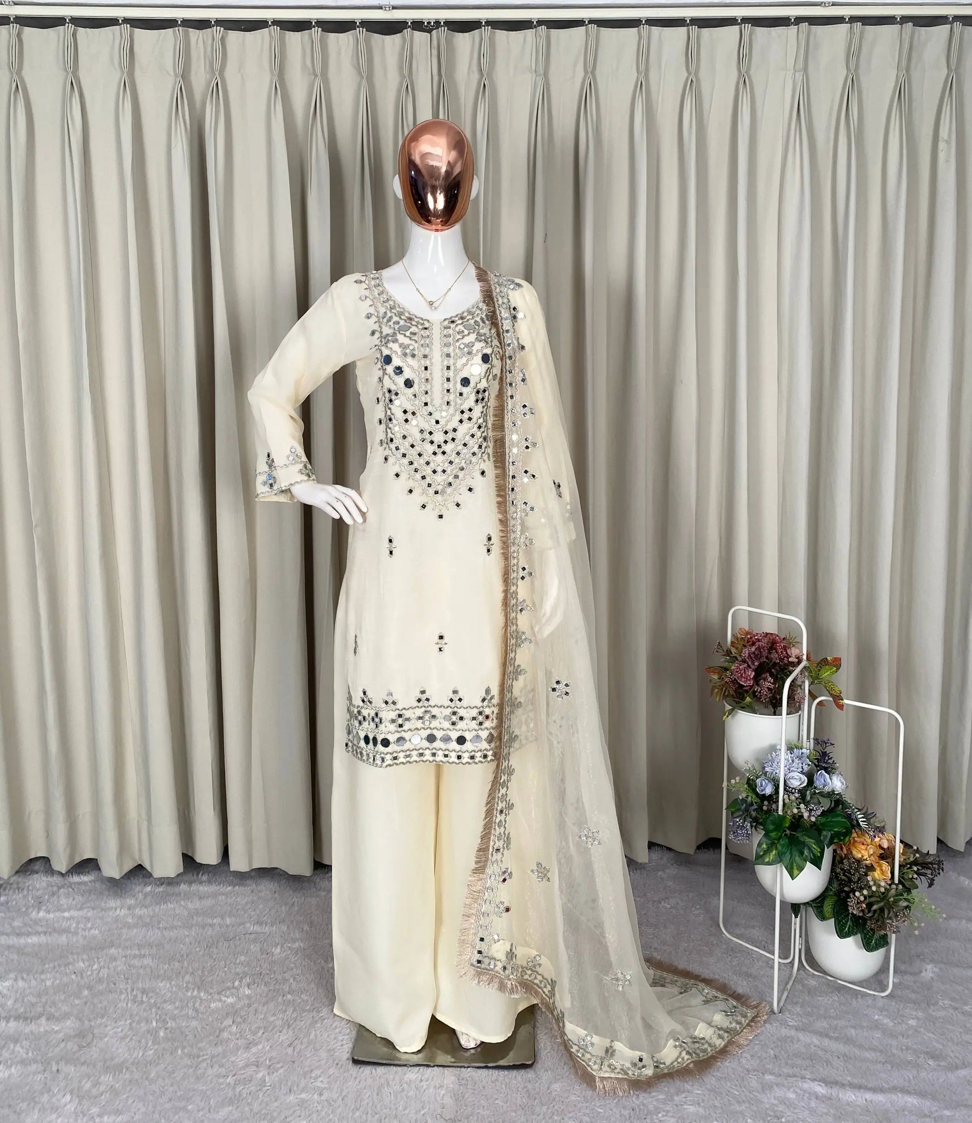 Georgette Real Mirror Embroidered Palazzo Suit Set for Festive and Party Wear