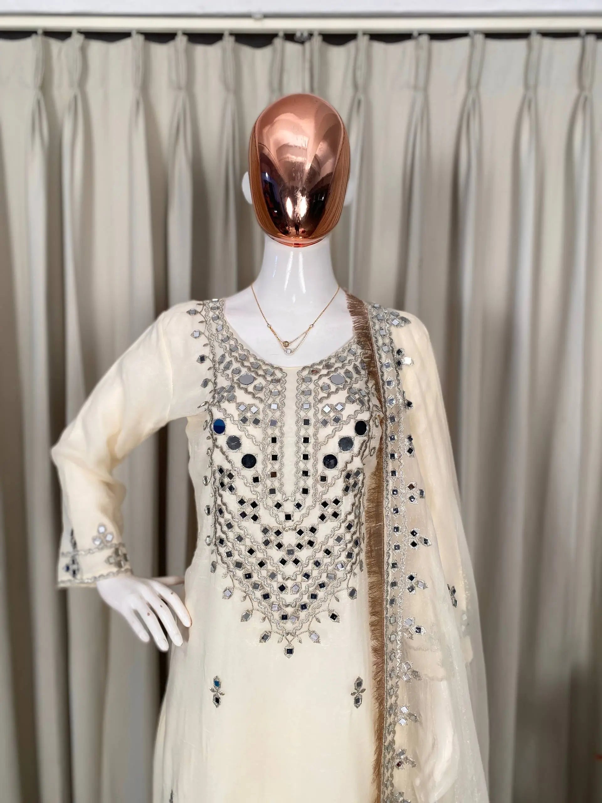Georgette Real Mirror Embroidered Palazzo Suit Set for Festive and Party Wear