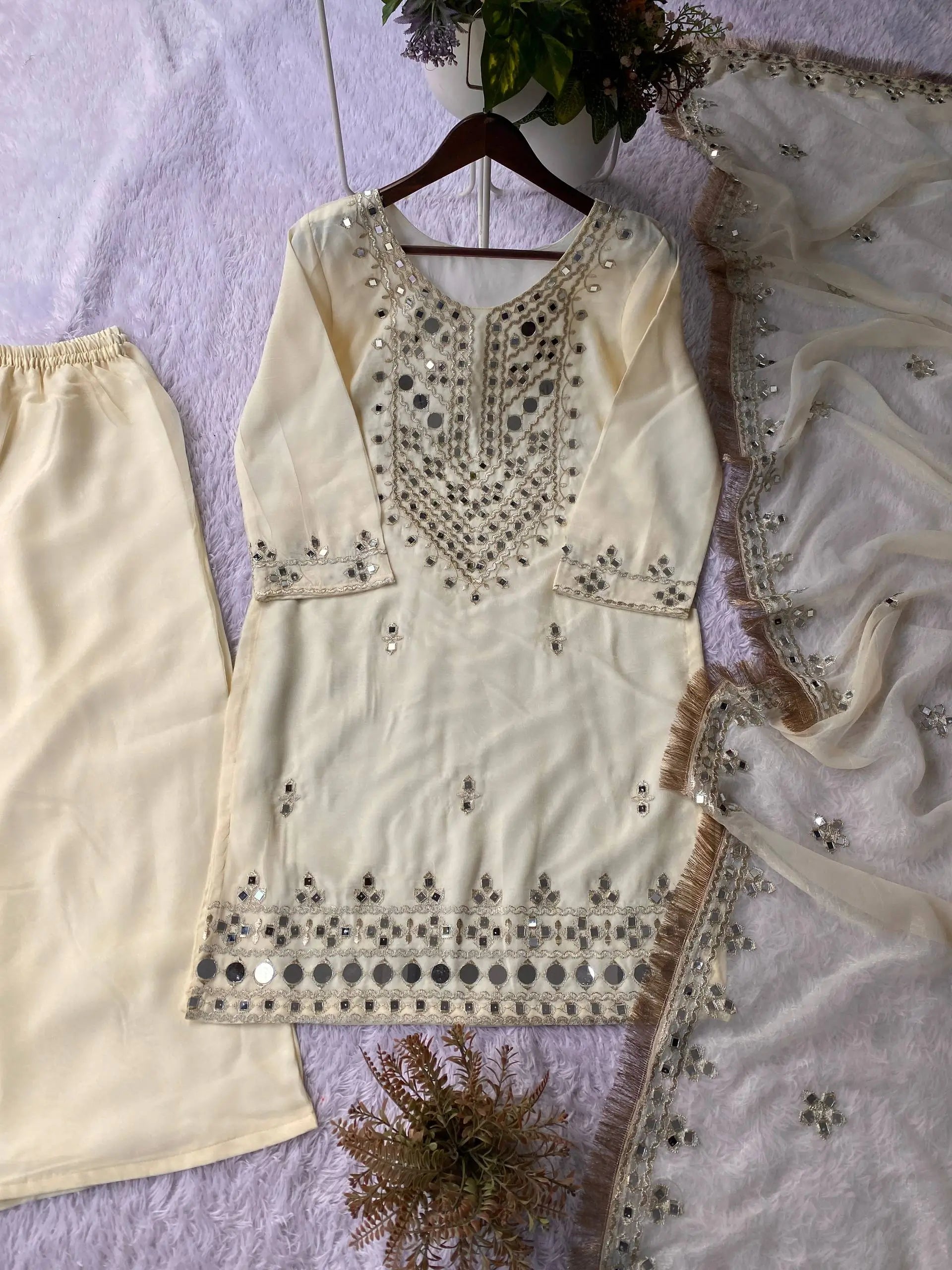 Georgette Real Mirror Embroidered Palazzo Suit Set for Festive and Party Wear