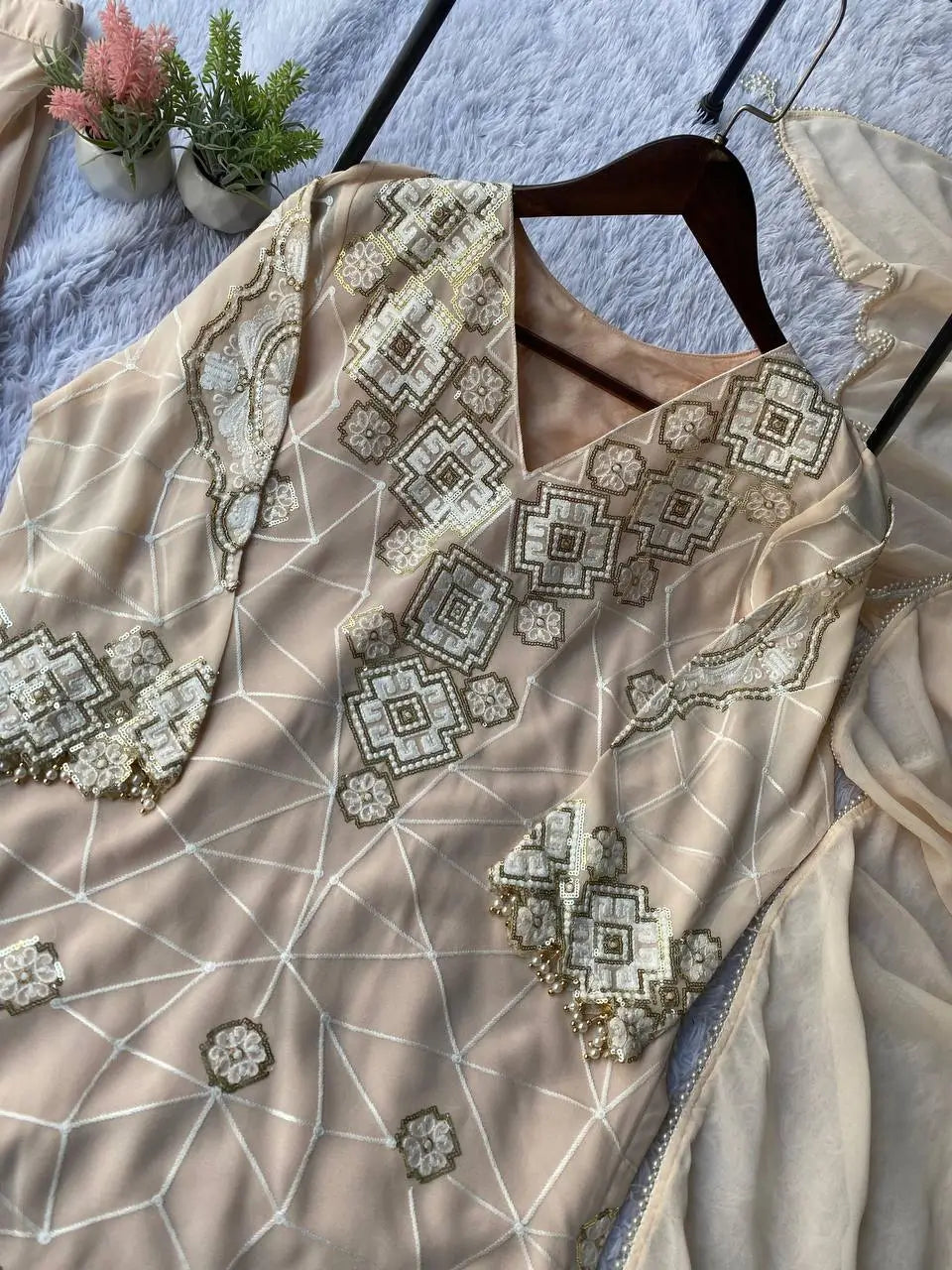 Georgette Sequence Embroidered Kurti Palazzo Set for Festive and Party Wear