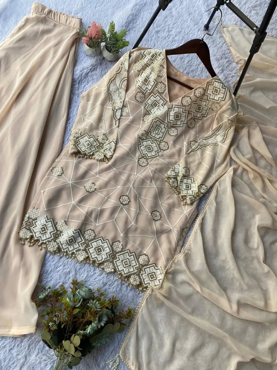 Georgette Sequence Embroidered Kurti Palazzo Set for Festive and Party Wear