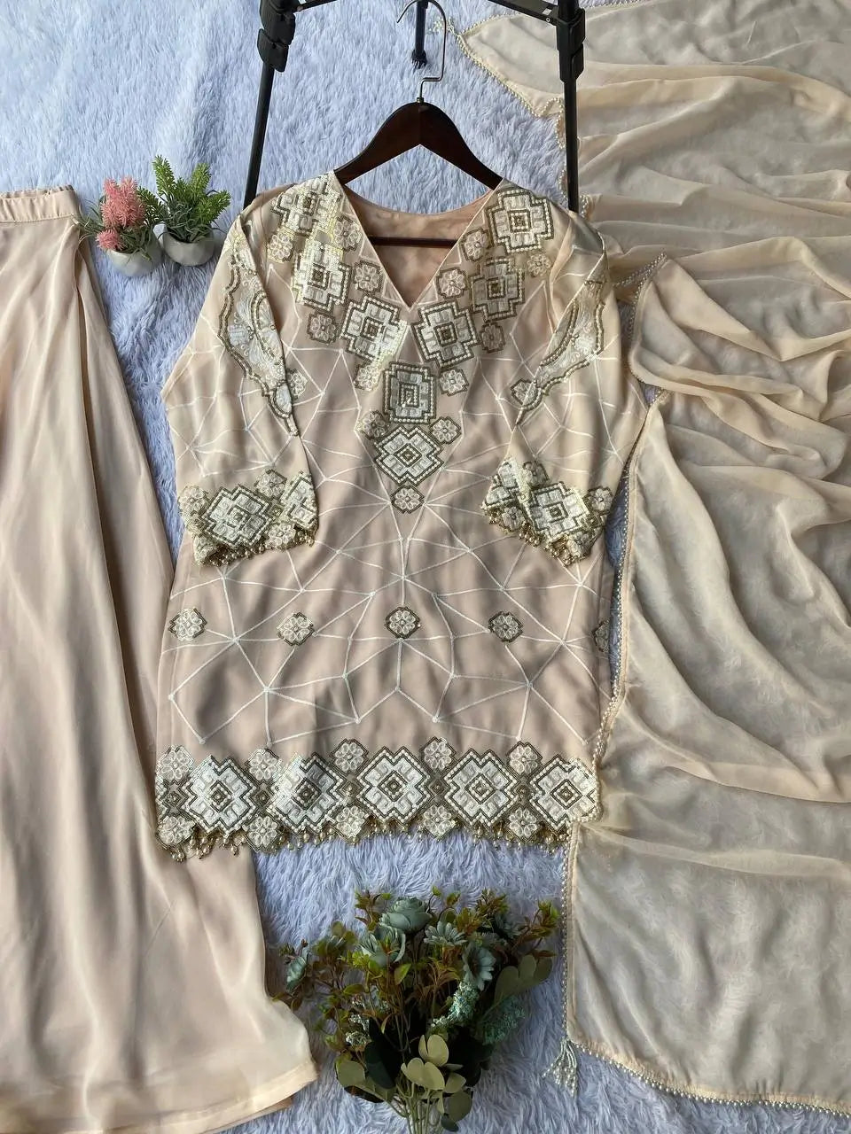 Georgette Sequence Embroidered Kurti Palazzo Set for Festive and Party Wear