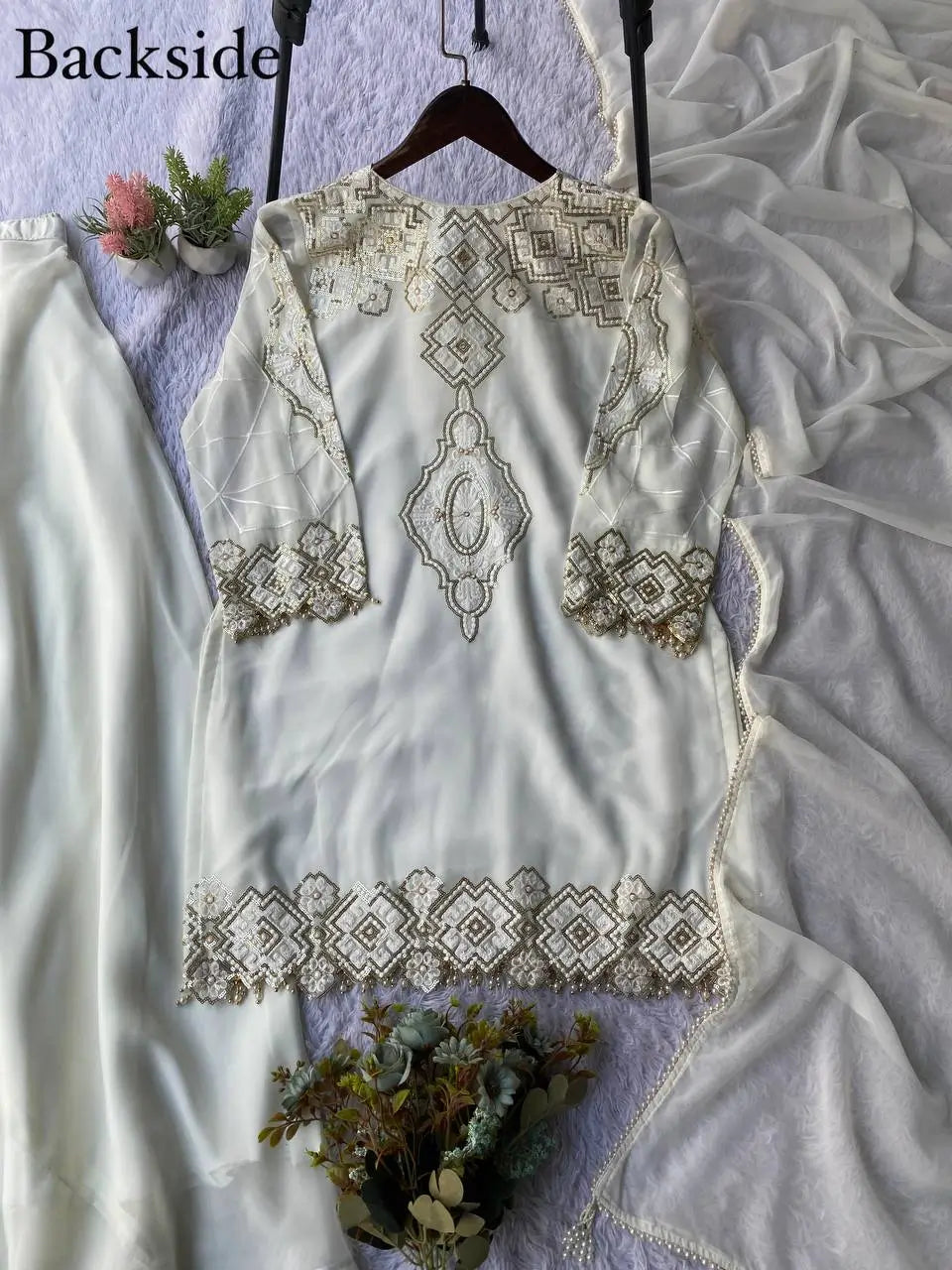 Georgette Sequence Embroidered Kurti Palazzo Set for Festive and Party Wear