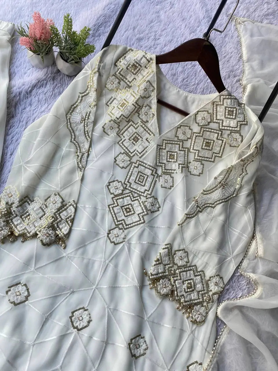 Georgette Sequence Embroidered Kurti Palazzo Set for Festive and Party Wear