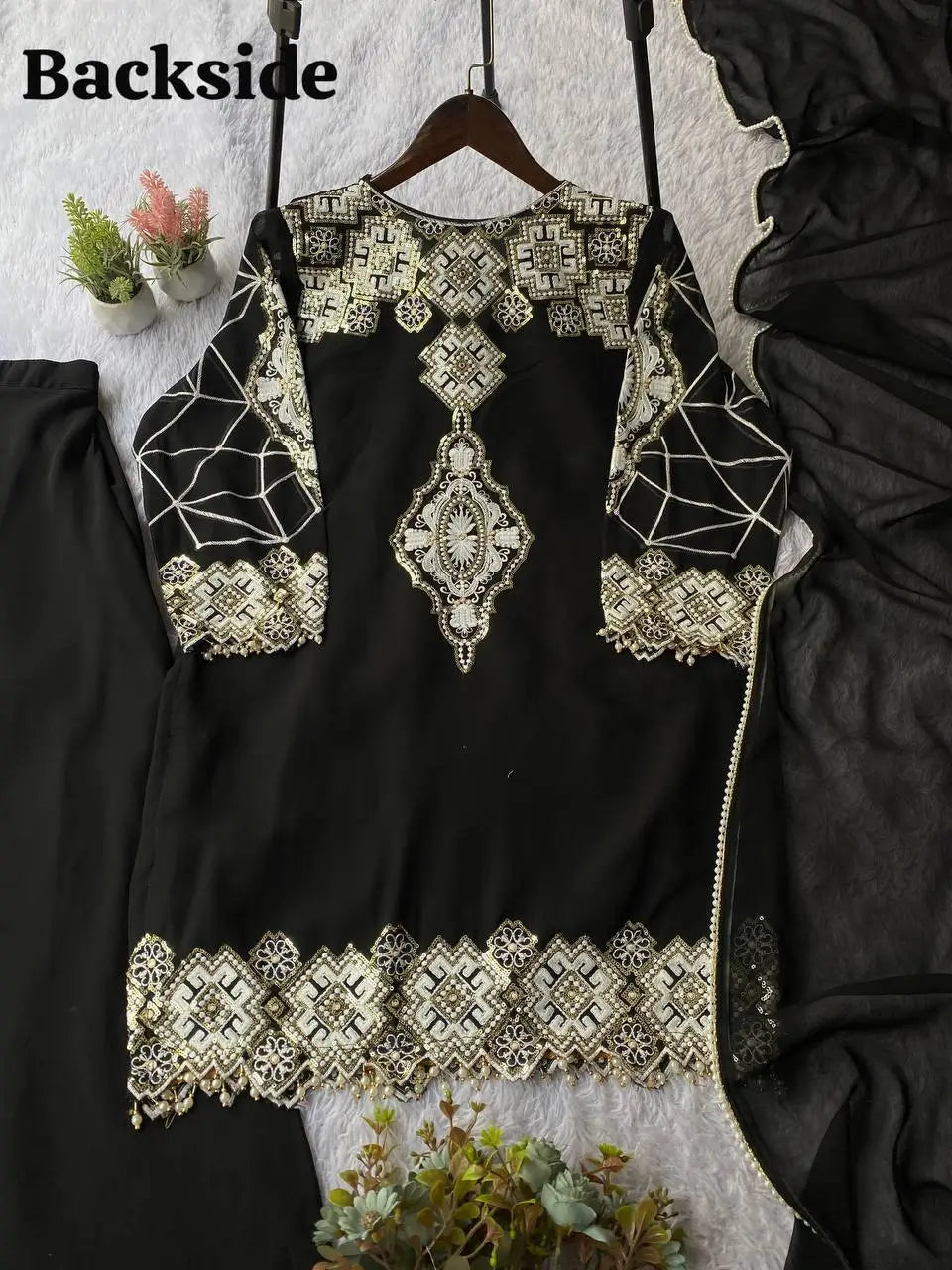 Georgette Sequence Embroidered Kurti Palazzo Set for Festive and Party Wear
